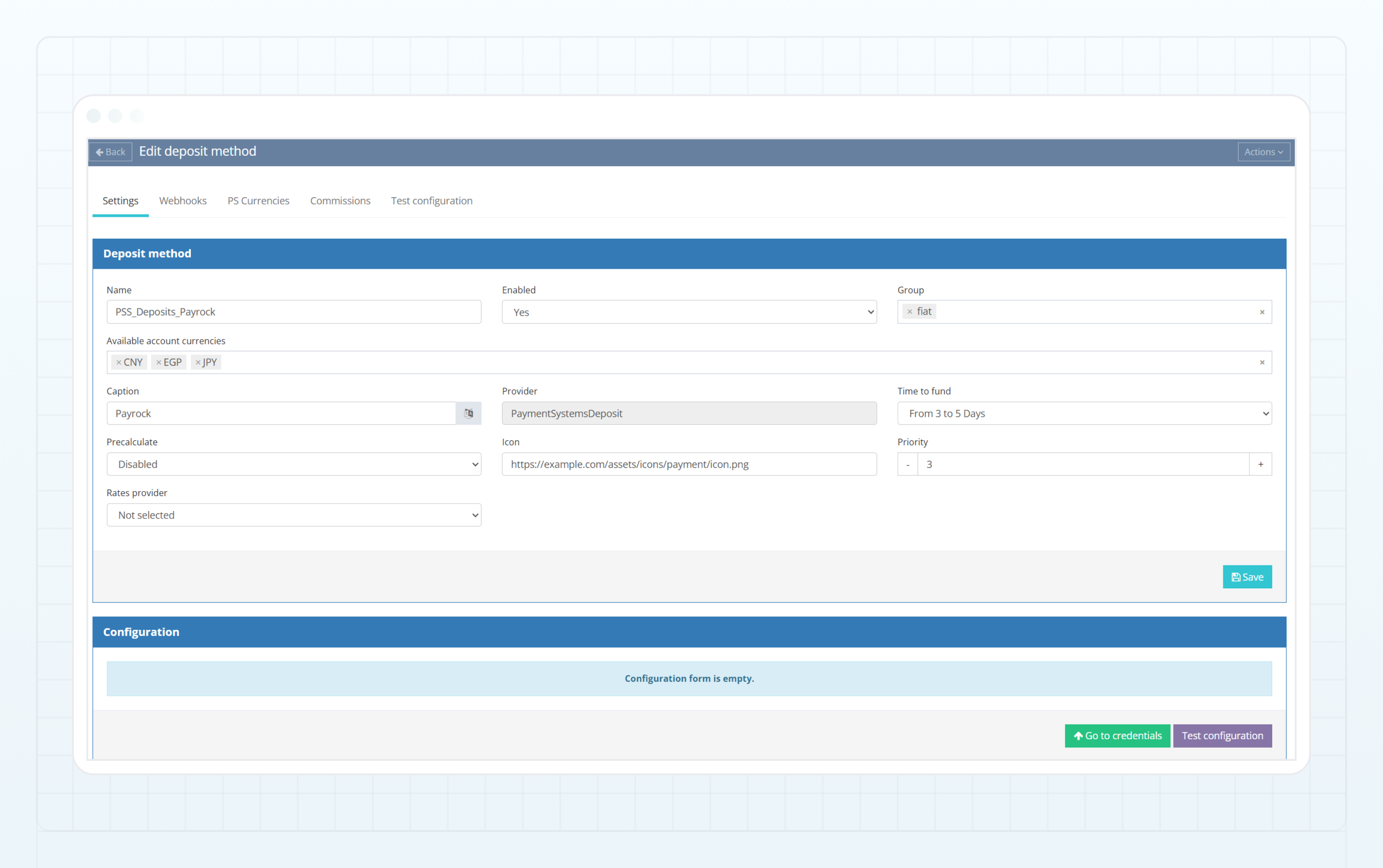 Payrock deposit method — Settings tab