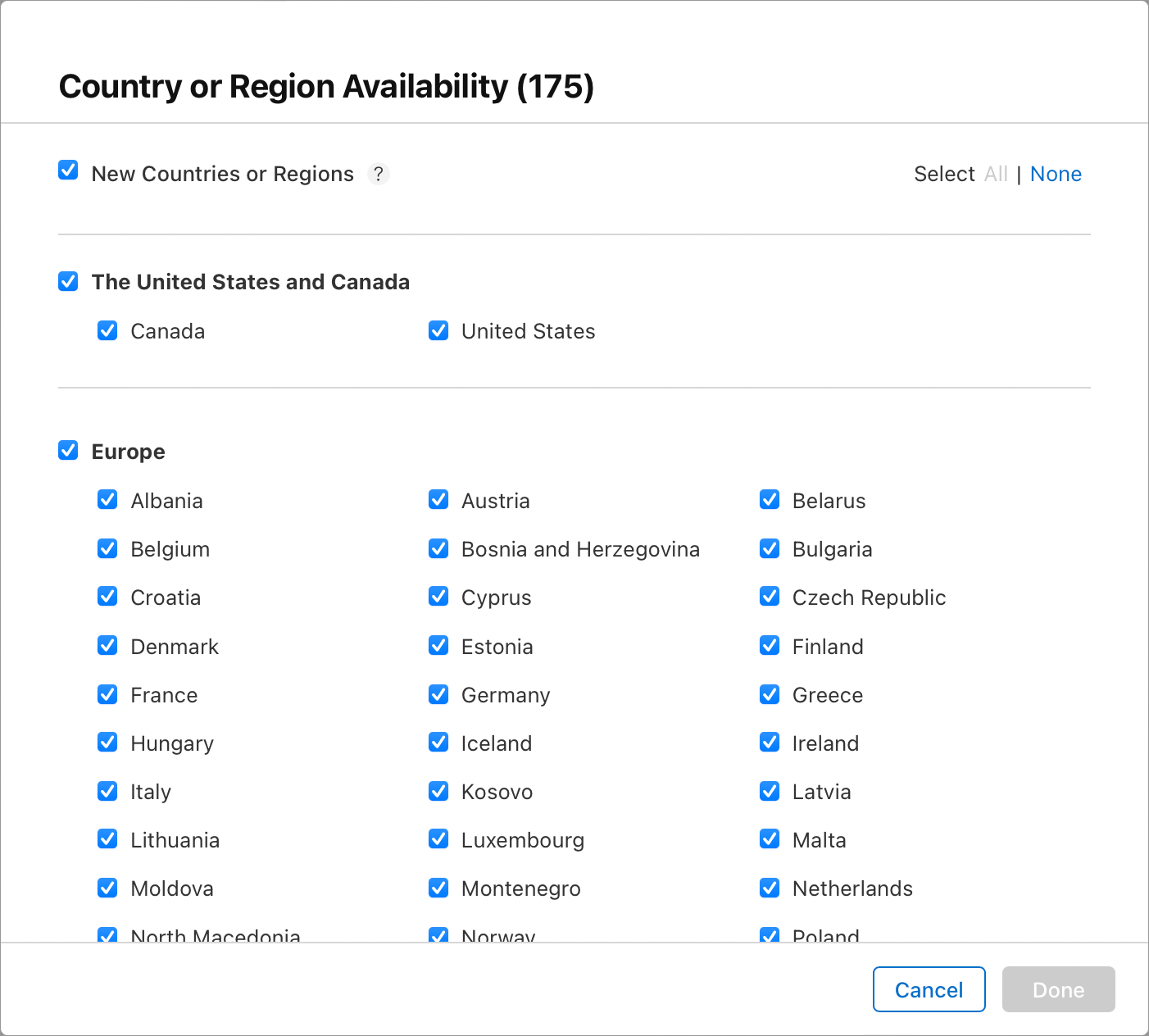 App Store Connect — Country and Region Availability