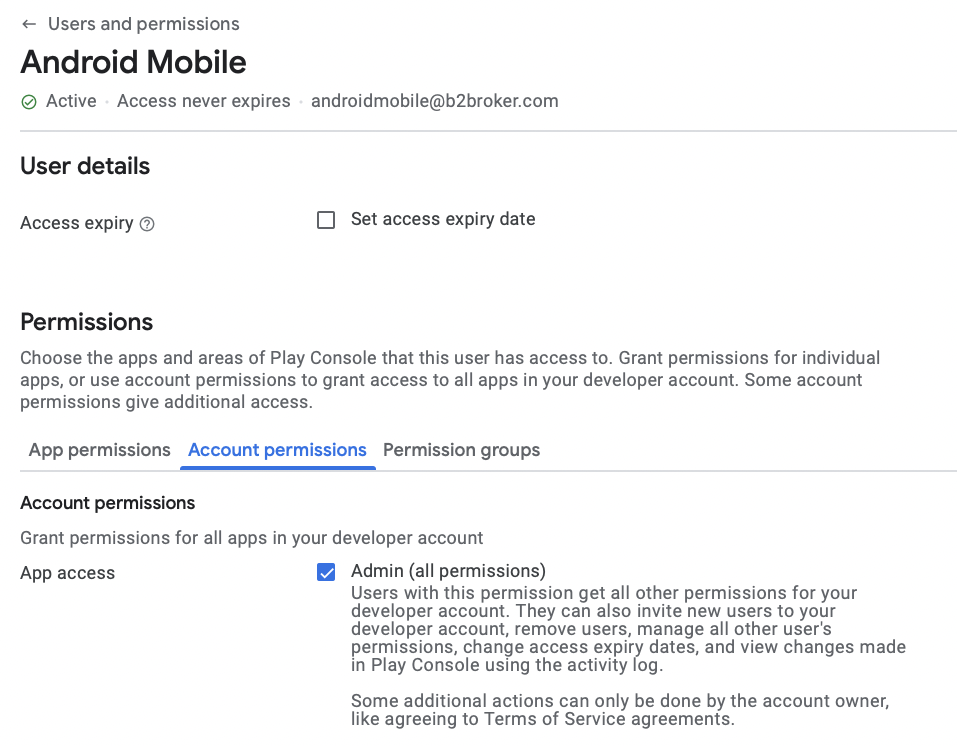 Google Play Console — Grant admin permissions